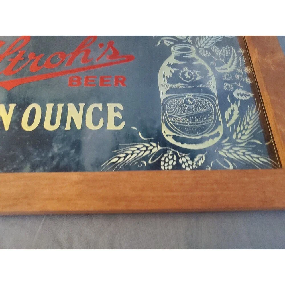 Vtg Antique Stroh's Beer Seven Ounces Mirror Sign Advertisement W/ Wooden Frame